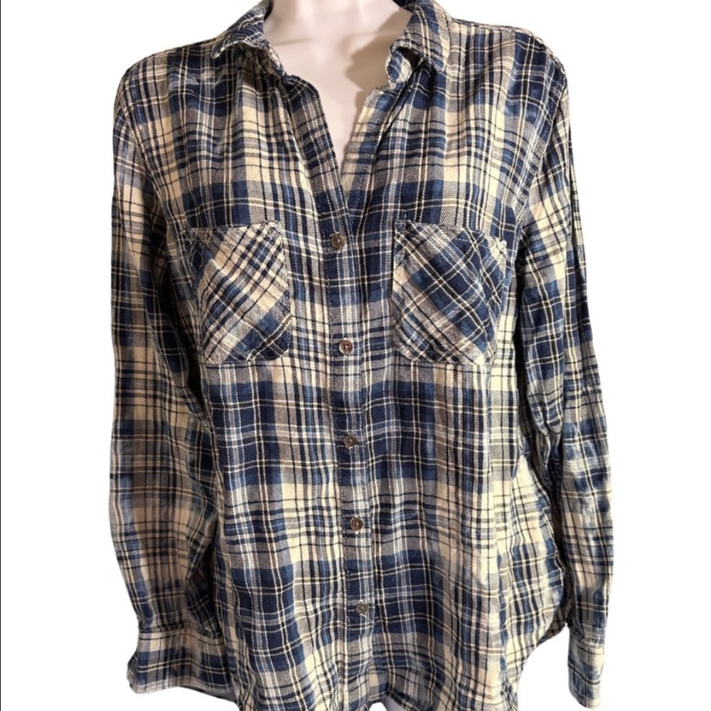 ROCK & REPUBLIC BLEACHED OUT SHIRT Blue & White Oversized Plaid Button Down SZ M